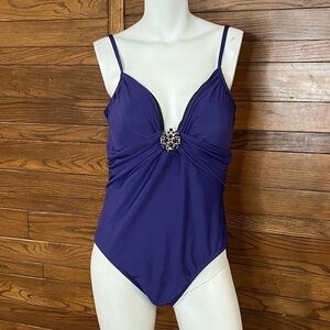 GORGEOUS plum coloured one piece swim suit.  Brooch. Size 8 by measure.